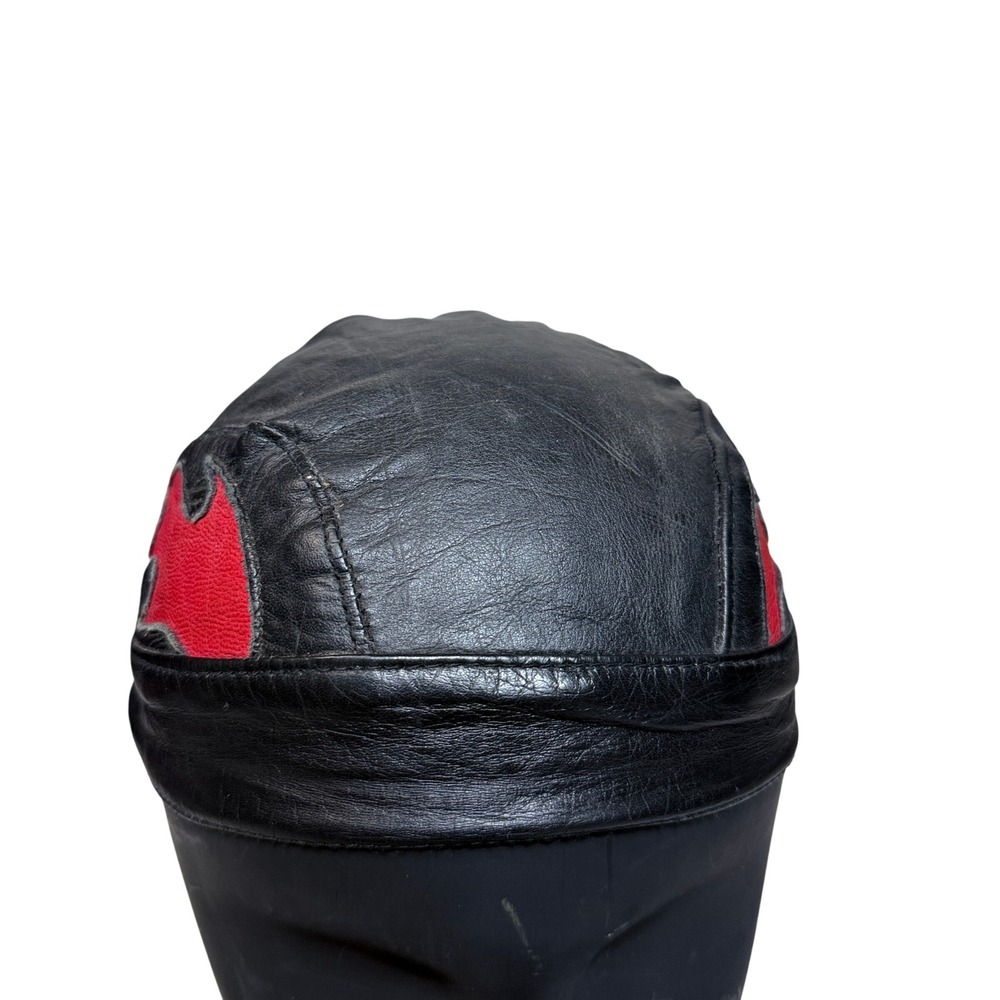 Unbranded Leather Skull Cap Unisex OS Black Red Flame Biker Headwrap Tie Back